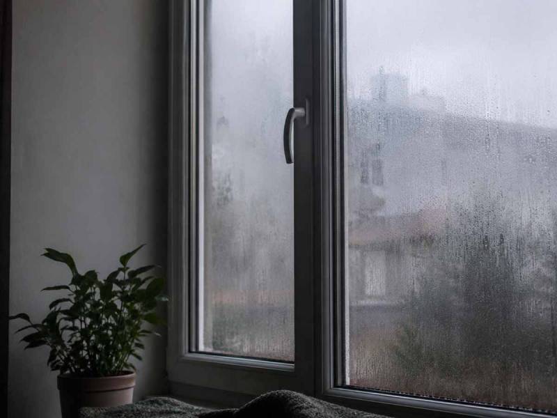 Ventana con condensación por humedad ambiental en Galicia