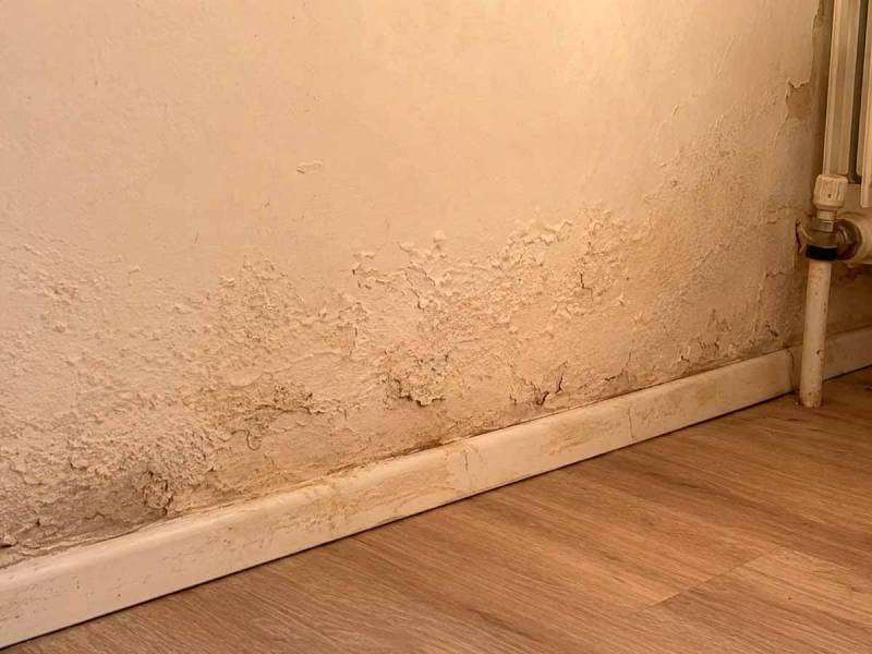 Humedad localizada en pared cerca de una instalación de agua